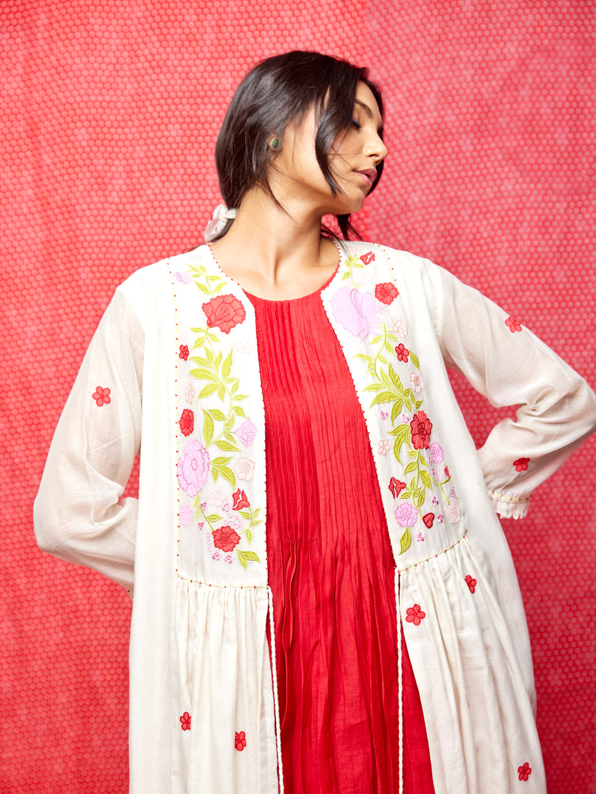 Ivory Multi Applique Embroidered Chanderi Jacket