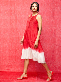 Ivory/ Red Pintucked Ombre Chanderi Dress
