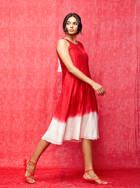 Ivory/ Red Pintucked Ombre Chanderi Dress