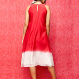 Ivory/ Red Pintucked Ombre Chanderi Dress