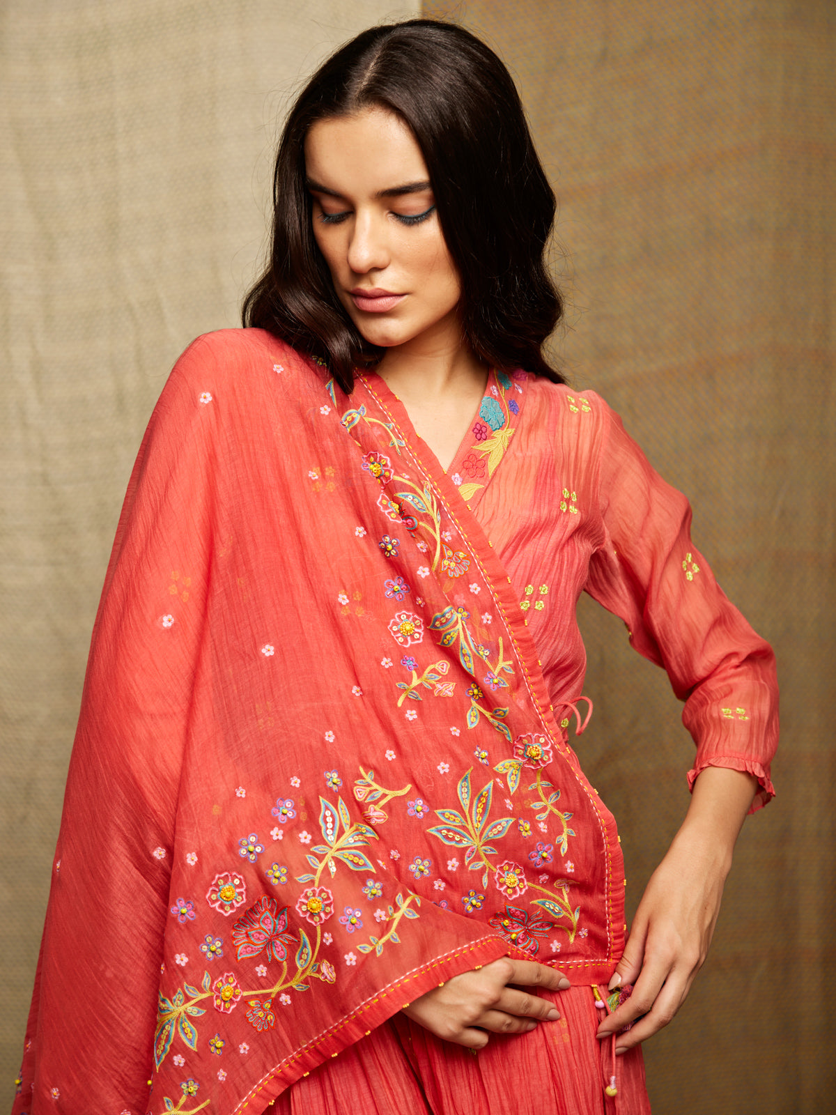 Red Multi Embroidered Scarf