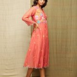 Red Multi Applique Embroidered Chanderi Wrap Dress With Scallops