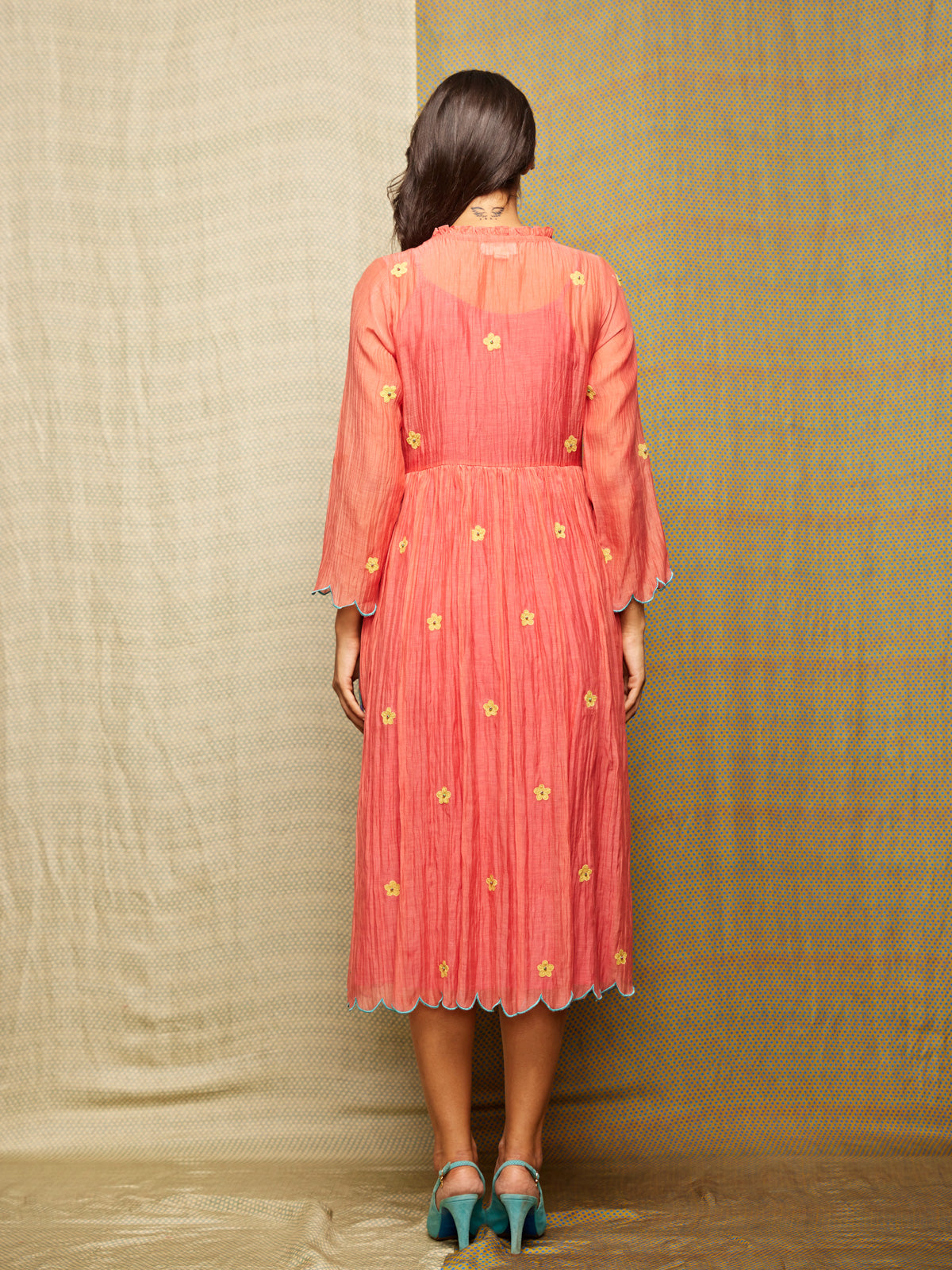 Red Multi Applique Embroidered Chanderi Wrap Dress With Scallops