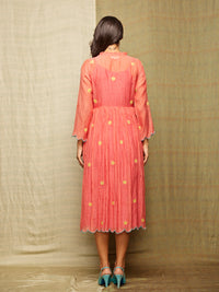 Red Multi Applique Embroidered Chanderi Wrap Dress With Scallops
