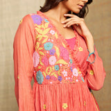Red Multi Applique Embroidered Chanderi Wrap Dress With Scallops
