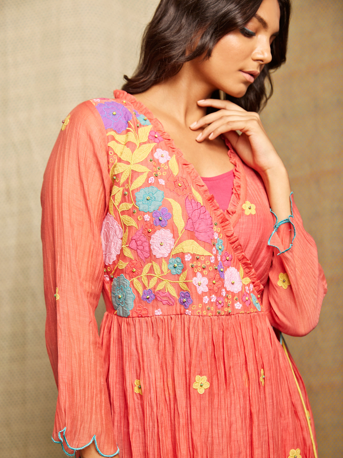 Red Multi Applique Embroidered Chanderi Wrap Dress With Scallops