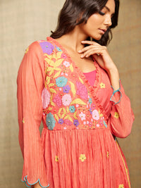Red Multi Applique Embroidered Chanderi Wrap Dress With Scallops