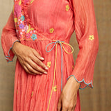 Red Multi Applique Embroidered Chanderi Wrap Dress With Scallops