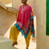 Fuschia Aqua Printed Embroidered Chintz Square Poncho Set