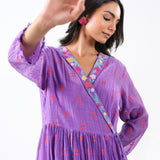 Purple Embroidered Applique Wrap Dress