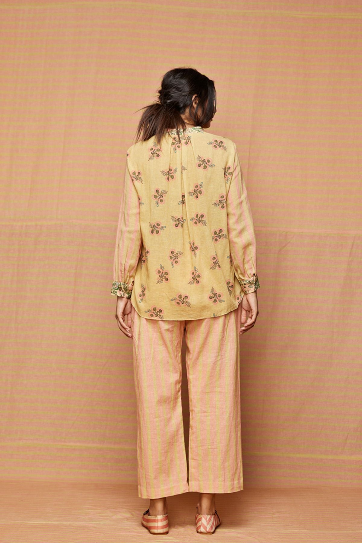 Block Printed Beige with Rose Pink Striped Pants