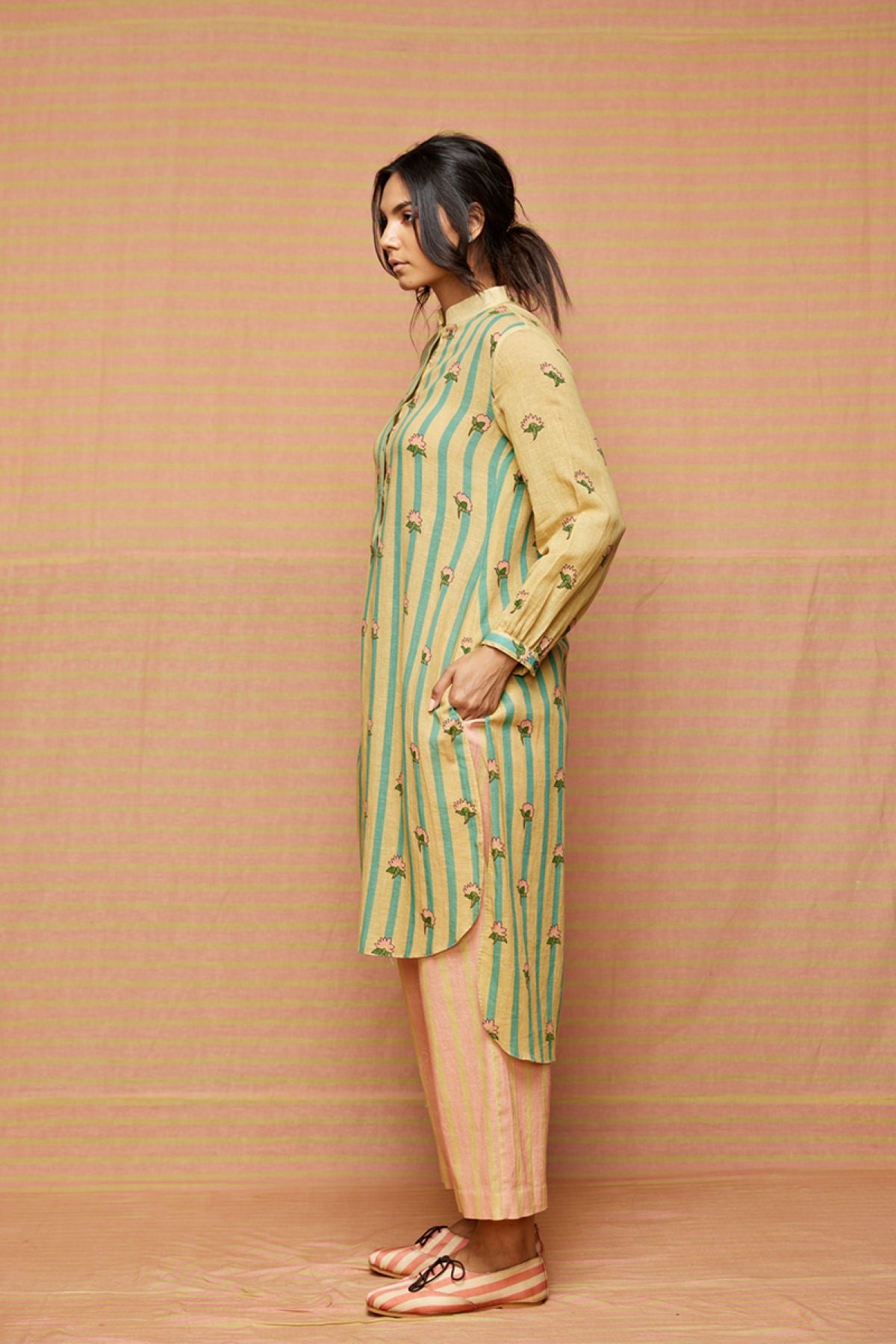 Block Printed Striped Buti Tunic with Striped Pants