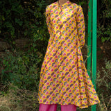 Printed Diagonal Yellow Chanderi flared Kurta