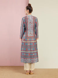 Morbagh Tribal Grey Multi Triangle Embroidered Front Open Kurta With Pants