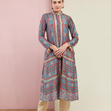 Morbagh Tribal Grey Multi Triangle Embroidered Front Open Kurta With Pants
