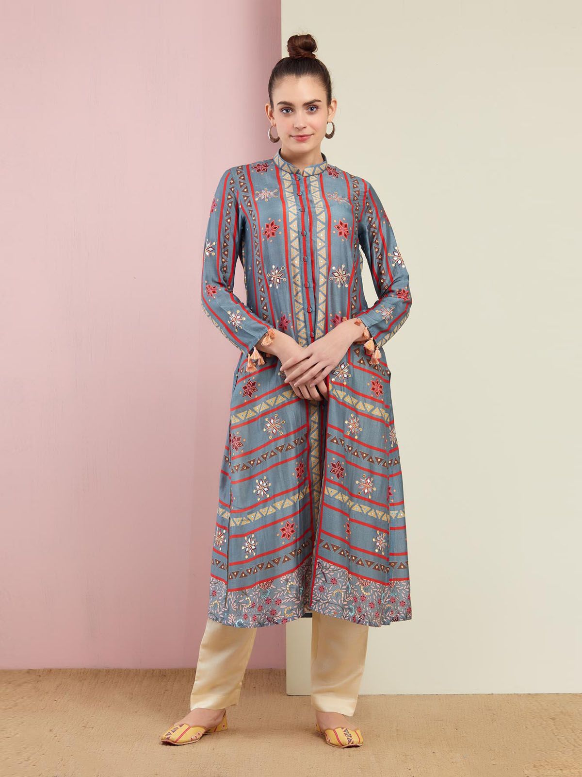 Morbagh Tribal Grey Multi Triangle Embroidered Front Open Kurta With Pants
