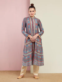 Morbagh Tribal Grey Multi Triangle Embroidered Front Open Kurta With Pants