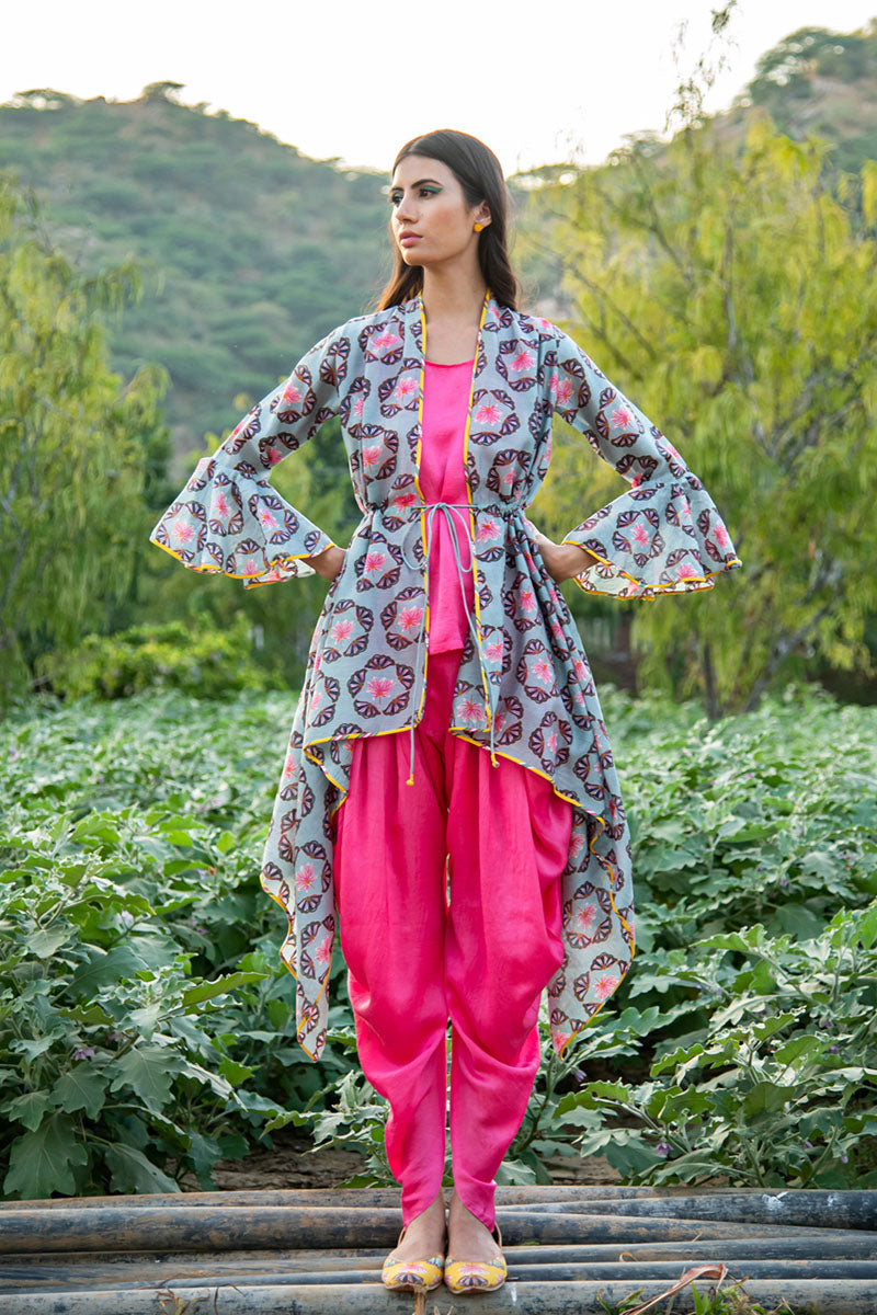 Printed Grey Buta Overlay Cape