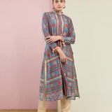Morbagh Tribal Grey Multi Triangle Embroidered Front Open Kurta With Pants