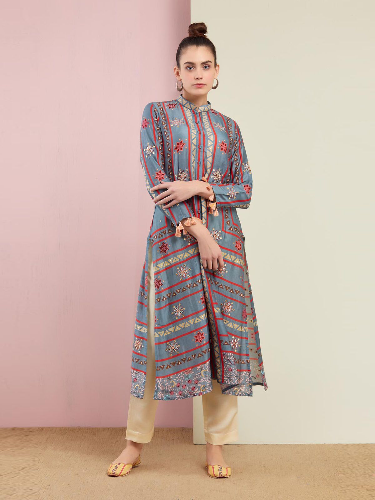 Morbagh Tribal Grey Multi Triangle Embroidered Front Open Kurta With Pants