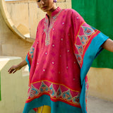 Fuschia Aqua Printed Embroidered Chintz Square Poncho Set