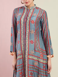 Morbagh Tribal Grey Multi Triangle Embroidered Front Open Kurta With Pants