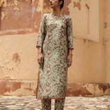 Brown Floral Printed Silk Chanderi Kurta Set with Pink Organza Dupatta