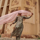 Brown Floral Printed Silk Chanderi Kurta Set with Pink Organza Dupatta