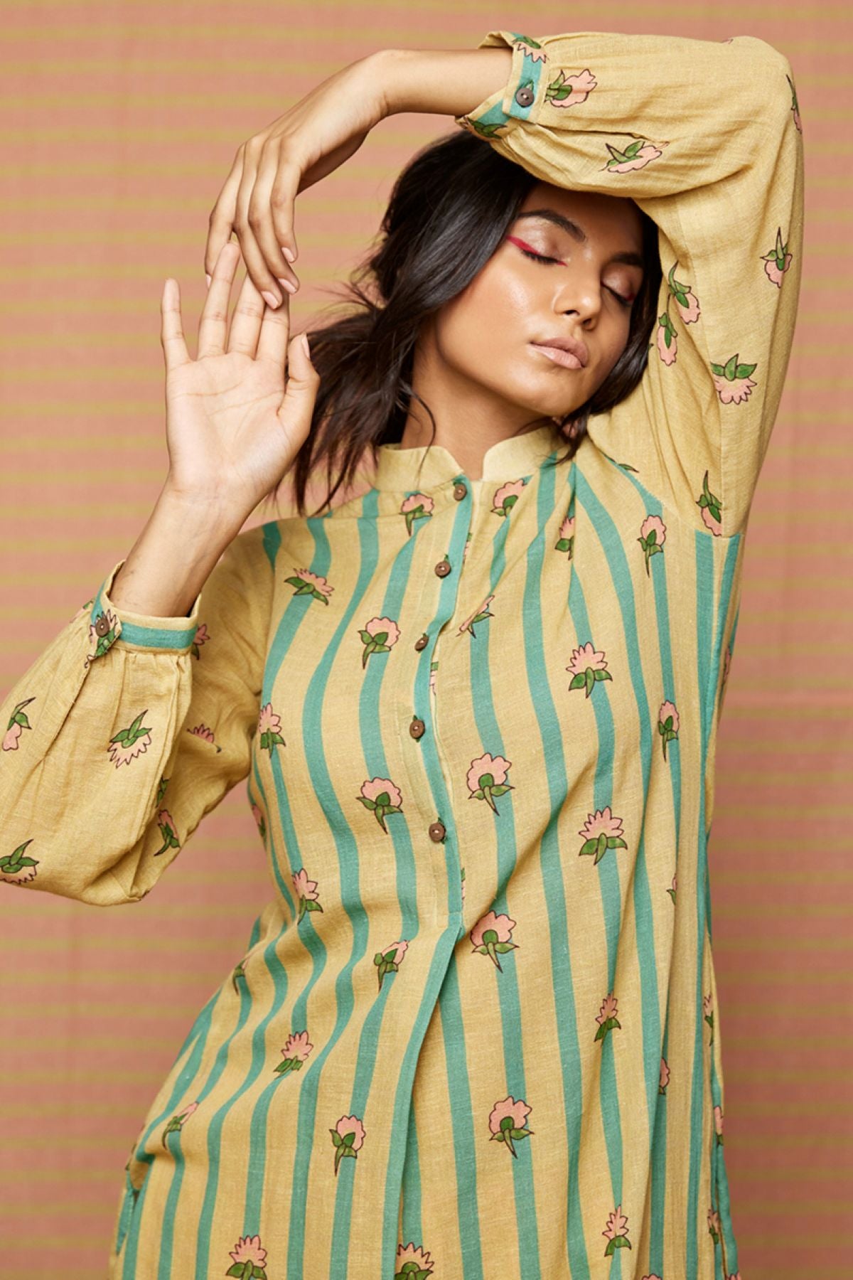 Block Printed Striped Buti Tunic with Striped Pants