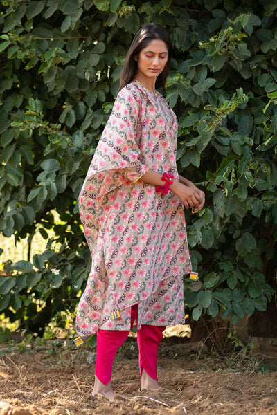 Printed Diagonal Beige Chanderi straight Kurta