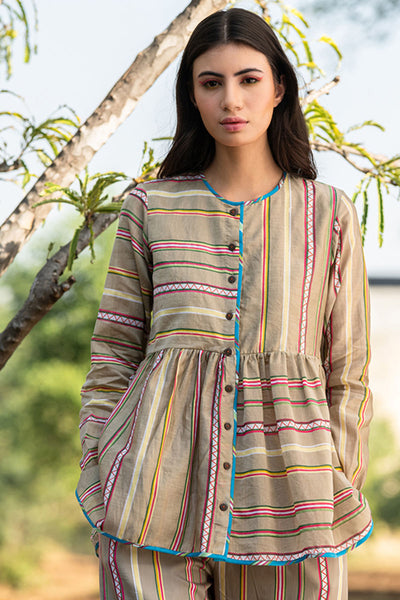 Printed Striped Block Beige Shirt