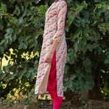 Printed Diagonal Beige Chanderi straight Kurta