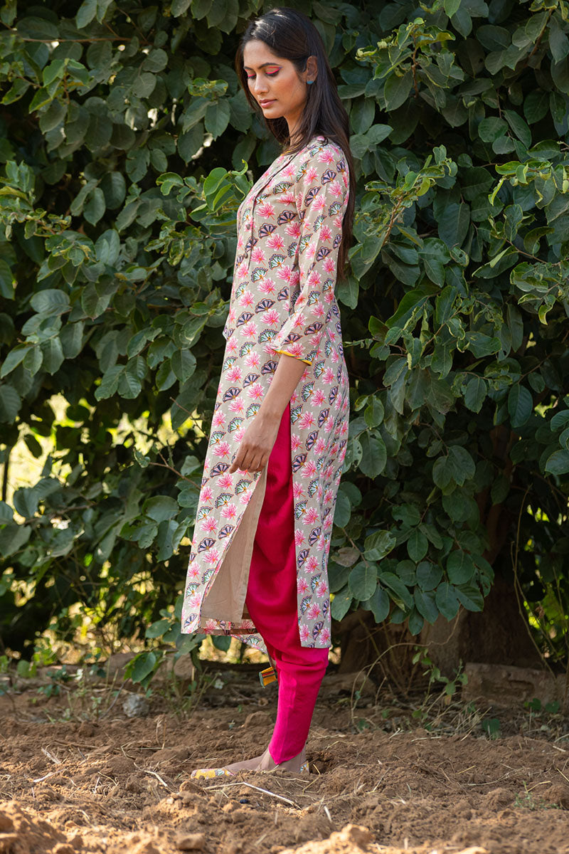 Printed Diagonal Beige Chanderi straight Kurta