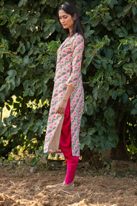 Printed Diagonal Beige Chanderi straight Kurta