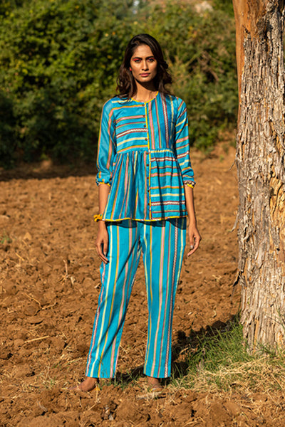 Printed Striped Block Turquoise Shirt