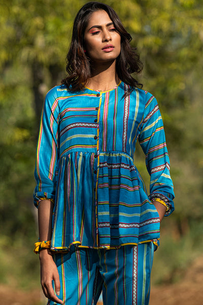 Printed Striped Block Turquoise Shirt