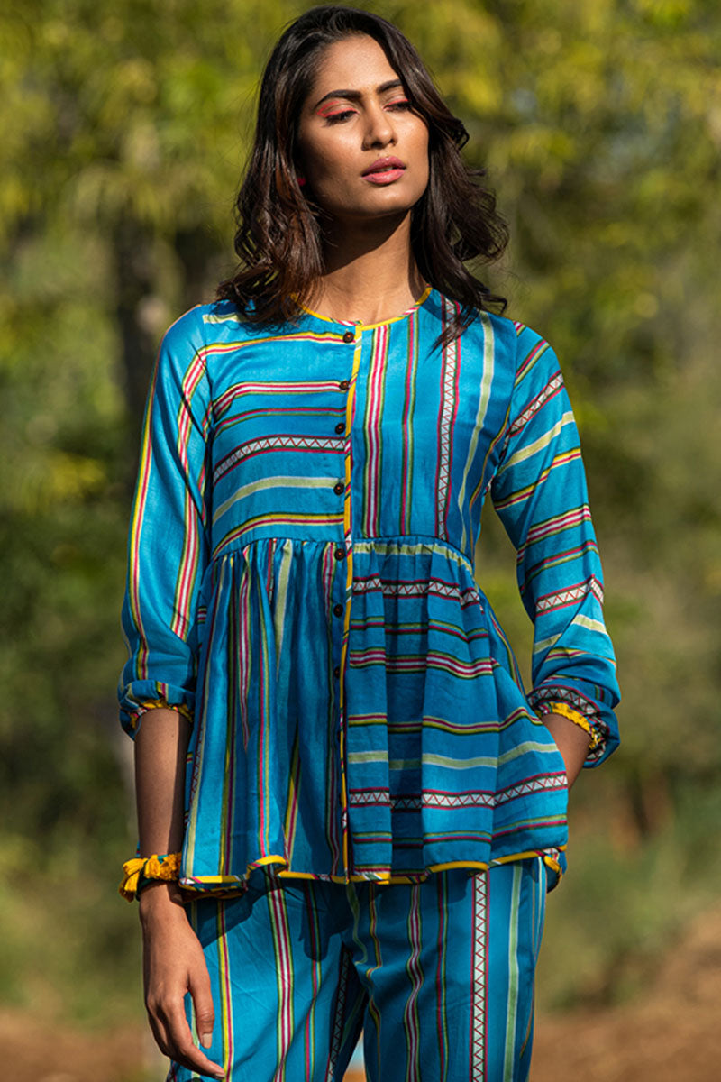 KAMAL STRIPES BLOCK TURQUOISE SHIRT