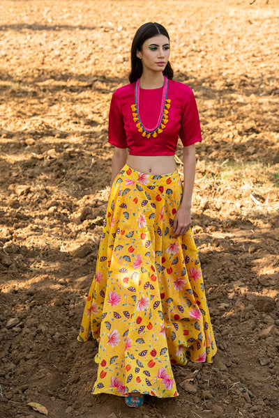 Kamal Yellow Printed Zaal Skirt With Fuchsia Top set