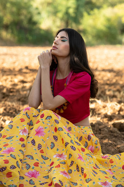 Kamal Yellow Printed Zaal Skirt With Fuchsia Top set