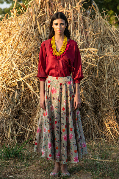 Kamal Printed Zaal Beige Skirt With Burgundy Top Set