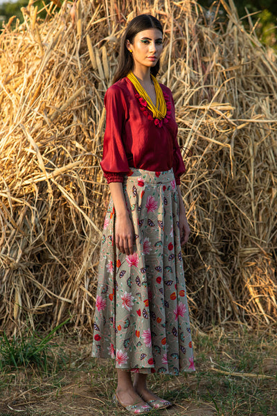 Kamal Printed Zaal Beige Skirt With Burgundy Top Set