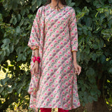 Printed Diagonal Beige Chanderi straight Kurta