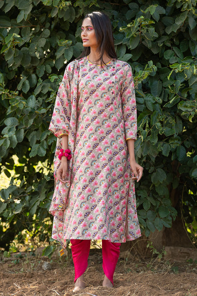 Printed Diagonal Beige Chanderi straight Kurta