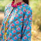 Diagonal Printed Turquoise Panelled Jacket With Yellow Dress
