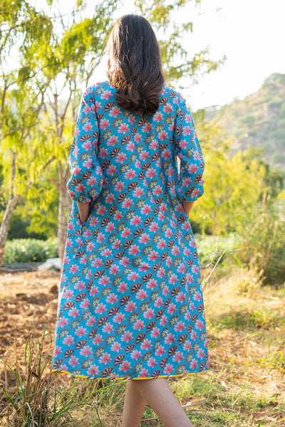 Diagonal Printed Turquoise Panelled Jacket With Yellow Dress