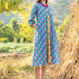 Diagonal Printed Turquoise Panelled Jacket With Yellow Dress