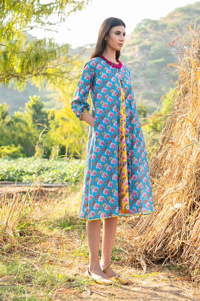 Diagonal Printed Turquoise Panelled Jacket With Yellow Dress