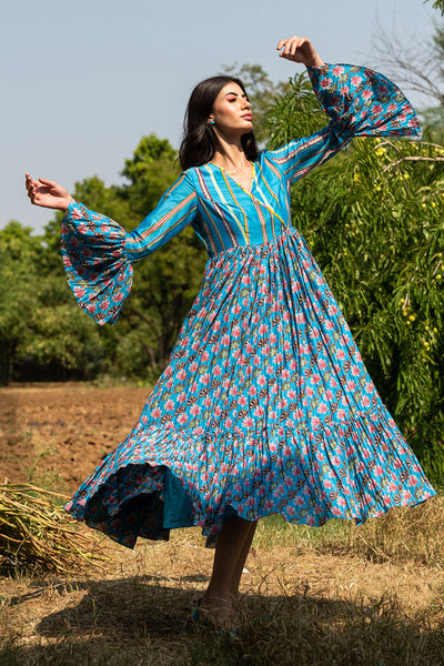 Print Block Turquoise Crushed Dress