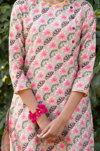 Printed Diagonal Beige Chanderi straight Kurta