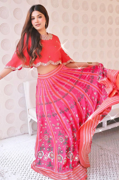 Tarana Printed Embroidered Red Lehenga Set